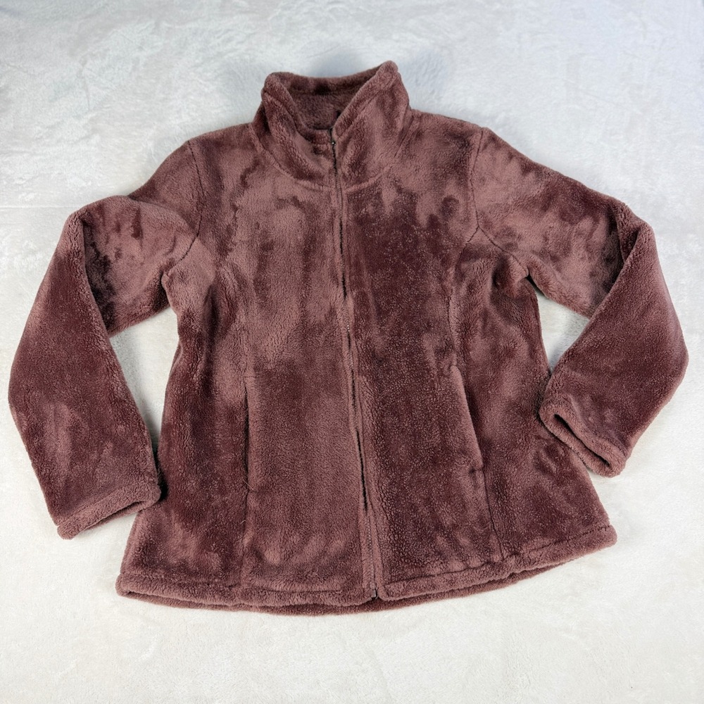 32 Degrees Heat Plush Faux Fur Fleece Jacket Womens L Mauve Full Zip Fuzzy Cozy